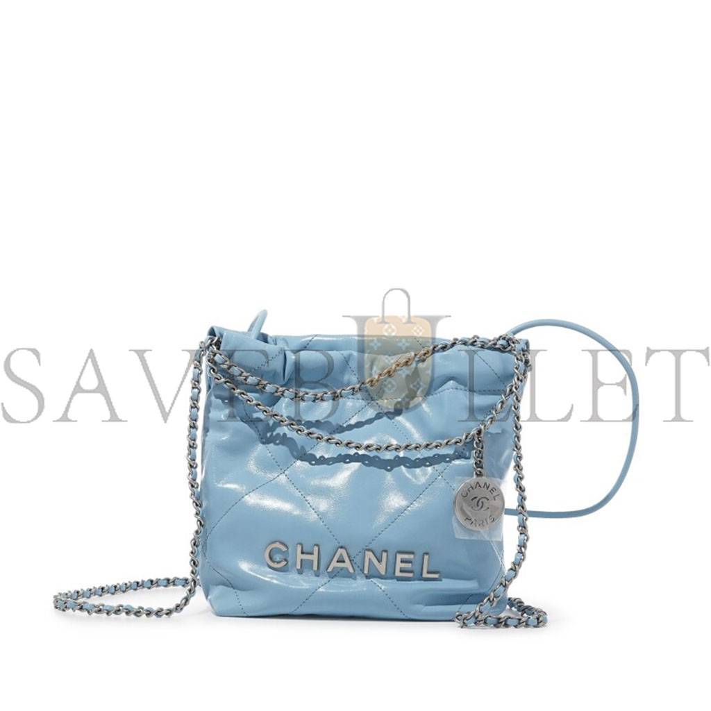 CHANEL LIGHT BLUE QUILTED CALFSKIN MINI 22 BAG SILVER HARDWARE AS3980 (20*19*6cm)